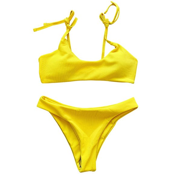 Ribbed Shoulder-Tie Cheeky Bikini in Yellow - Picture 2 of 8